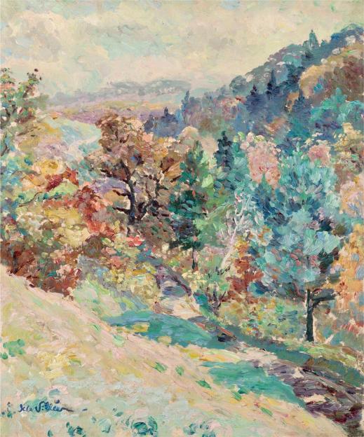 Impressionist landscape painting of a hillside and forest in autumn, featuring vibrant greens, yellows, oranges, and blues. The scene evokes a serene, colorful atmosphere.