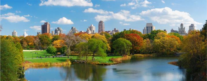 A scenic view of Central Park, New York City, featuring the park's lake with autumn-colored trees and the Manhattan skyline in the background.