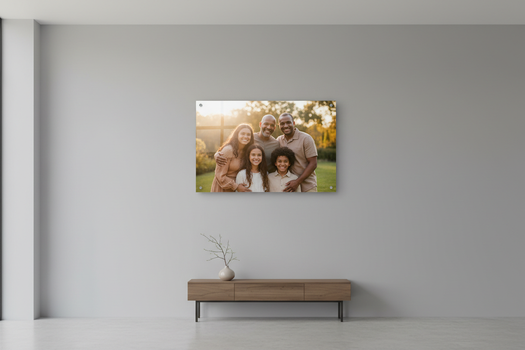 17" x 12" family photo on floating metal on 8 foot wall