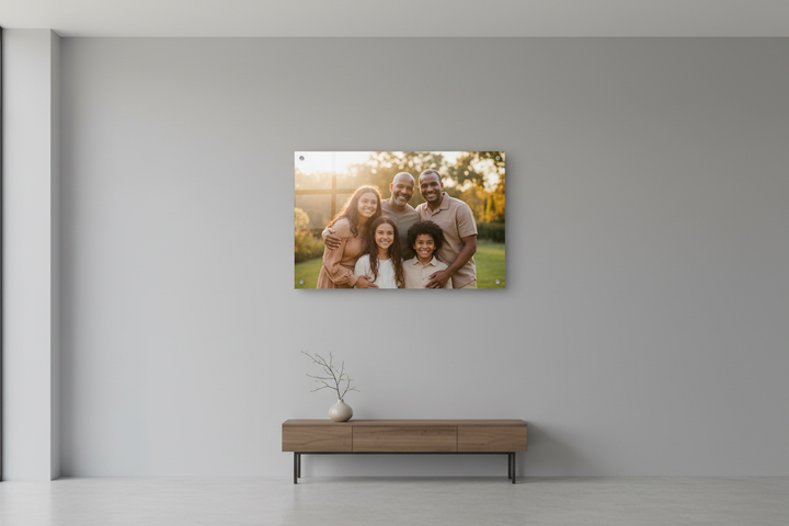 17" x 12" family photo on floating metal on 8 foot wall