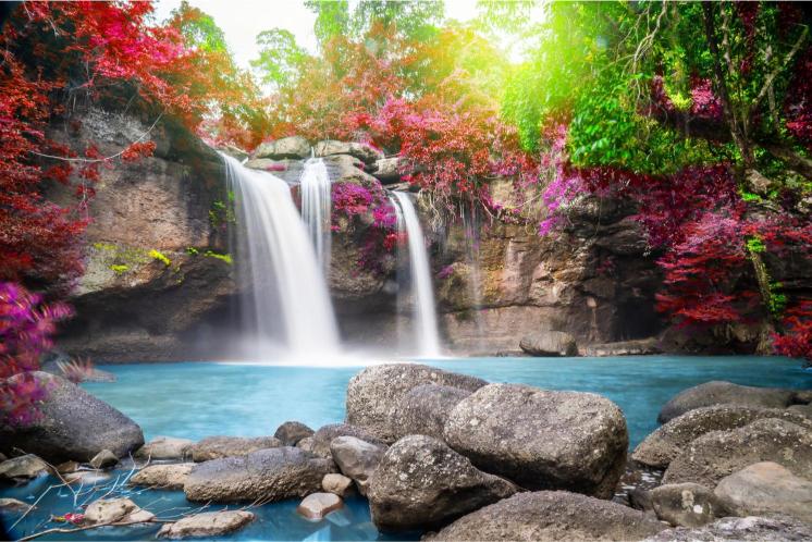 A vibrant image featuring a waterfall surrounded by colorful autumn foliage, with rocks in the foreground and a clear blue pool at the base of the falls.