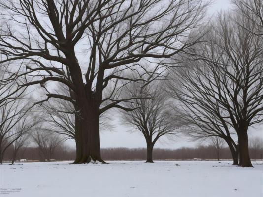 A landscape photograph featuring a group of bare trees in a snowy field, likely captured in a national park.