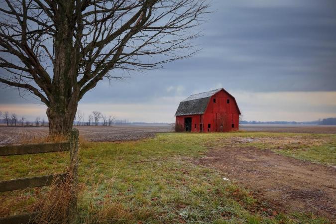 A red barn in a rural setting with a tree in the foreground and a cloudy sky overhead.