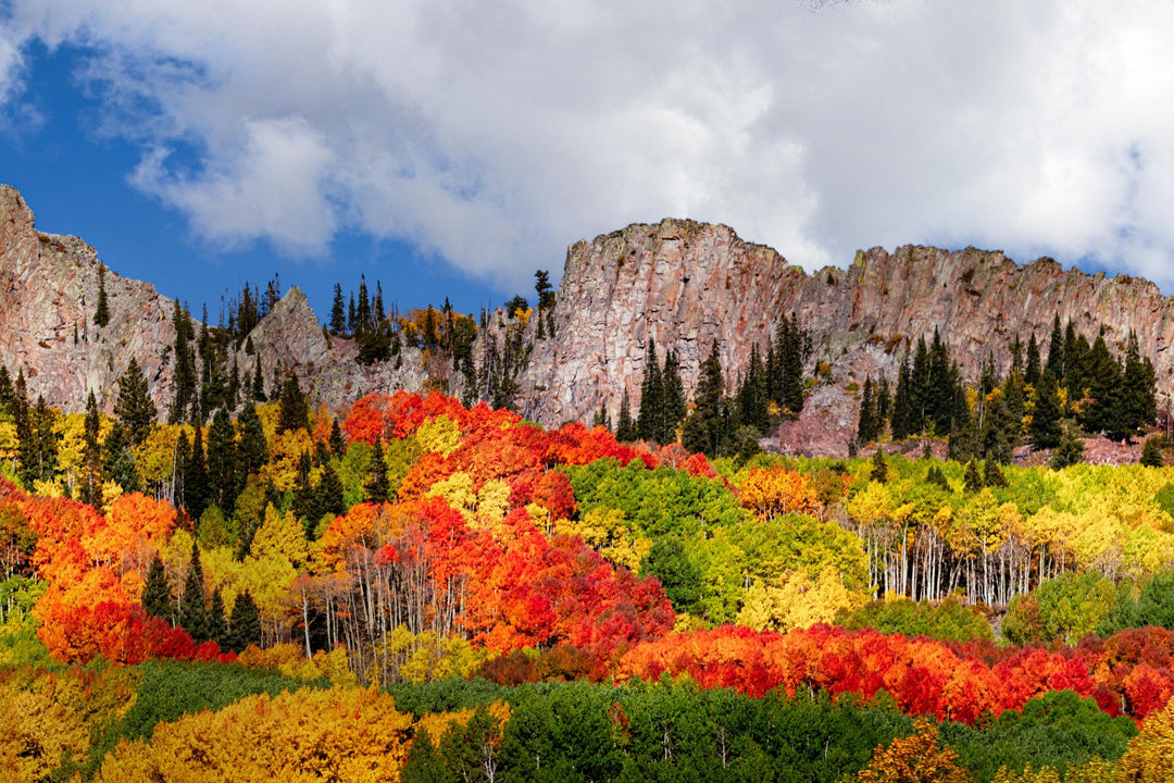 A vibrant image showcasing a mountainous landscape with autumn colors in the foreground and a blue sky with clouds above.