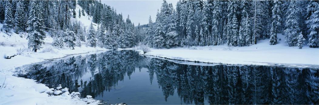 A snowy scene of a lake surrounded by forest, with a reflection of the trees in the still water.