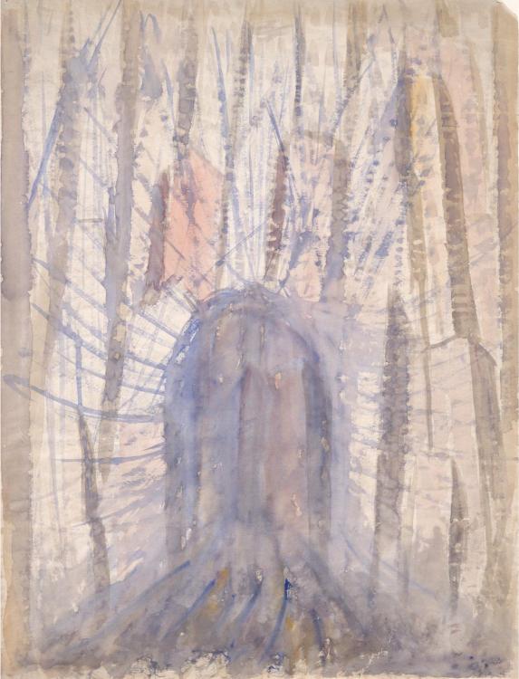 Abstract watercolor art with soft blue and earthy tones. Vertical lines suggest trees, centering on a mysterious arched structure. Dreamlike and serene.