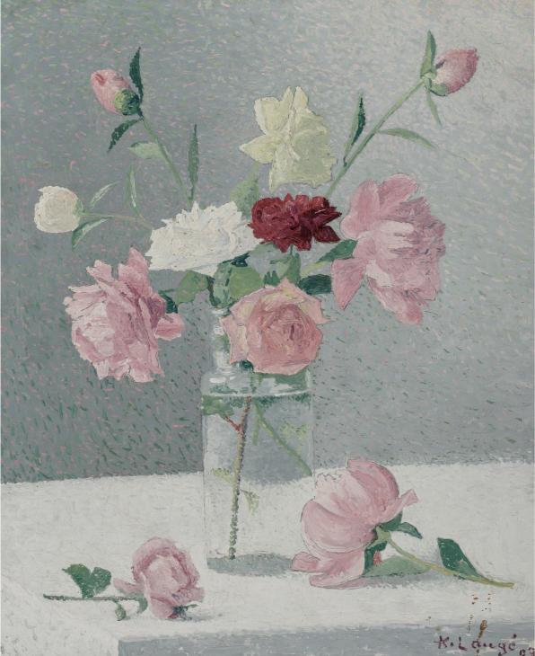 A serene still life painting depicts a glass vase with pink, red, and cream roses on a white surface against a muted gray background, evoking calm.