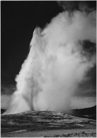 Black and white image of Old Faithful Geyser erupting in Yellowstone National Park.