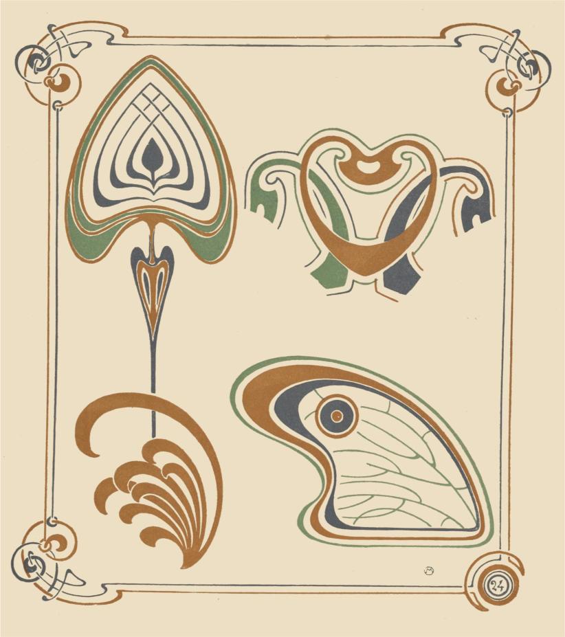 Decorative art nouveau design with stylized leaves and swirls on a beige background