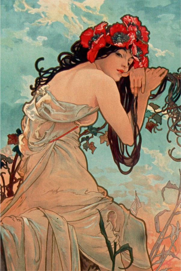 Art Nouveau illustration of a woman in a flowing dress, adorned with red flowers in her hair. She leans on a vine, gazing contemplatively. Soft pastel hues.
