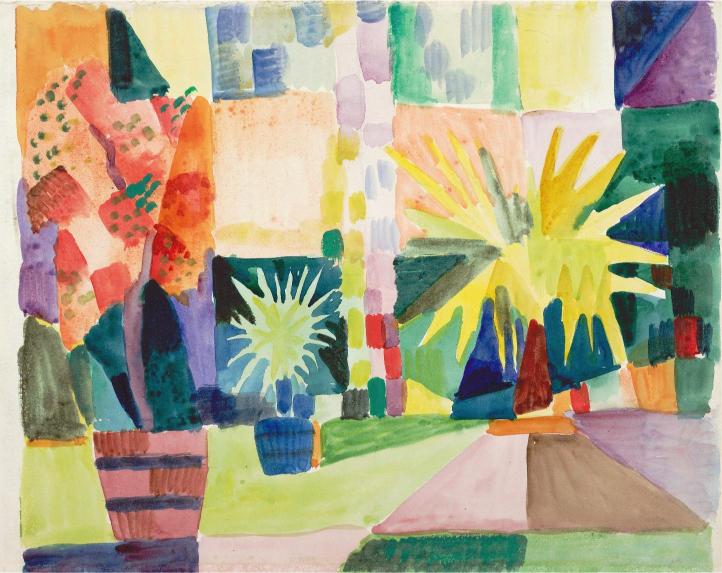 Abstract watercolor painting with vibrant patchwork patterns. Features geometric shapes, colorful trees, and a sunburst motif. Playful and dynamic.