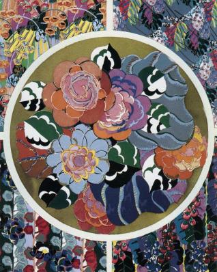 Decorative circular design with colorful flowers on a patterned background