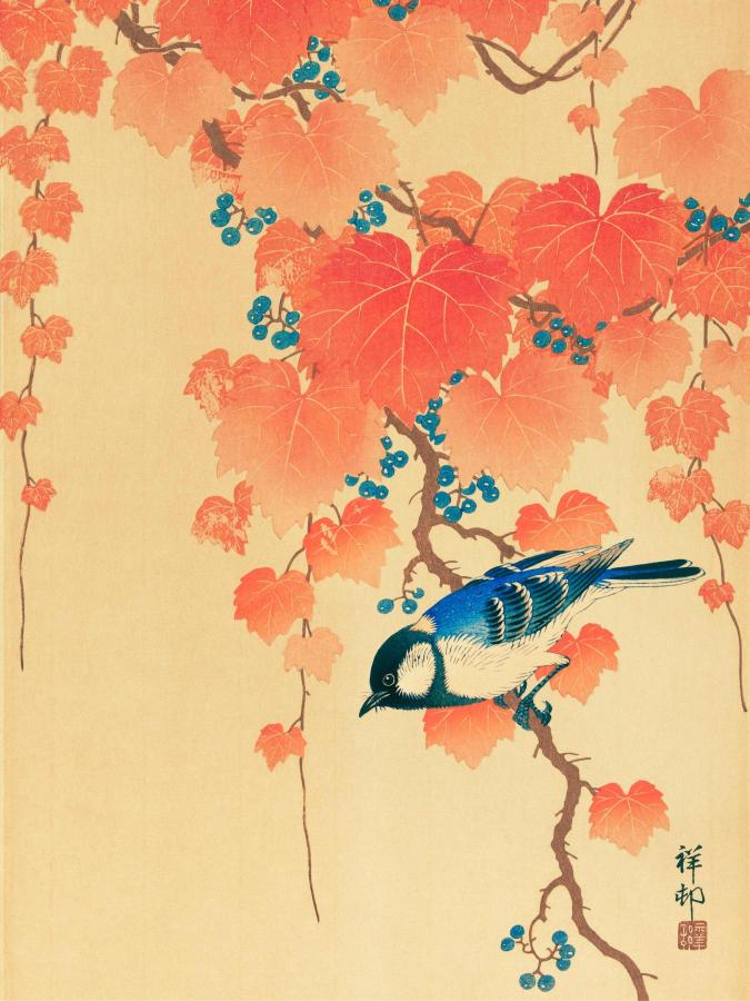 Traditional Japanese-style illustration of a bird on a branch with autumn leaves and berries.