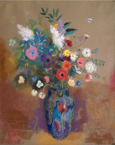 A painting of a bouquet of flowers with a variety of colors predominantly in blue, orange, and white, arranged in a vase with a floral pattern.