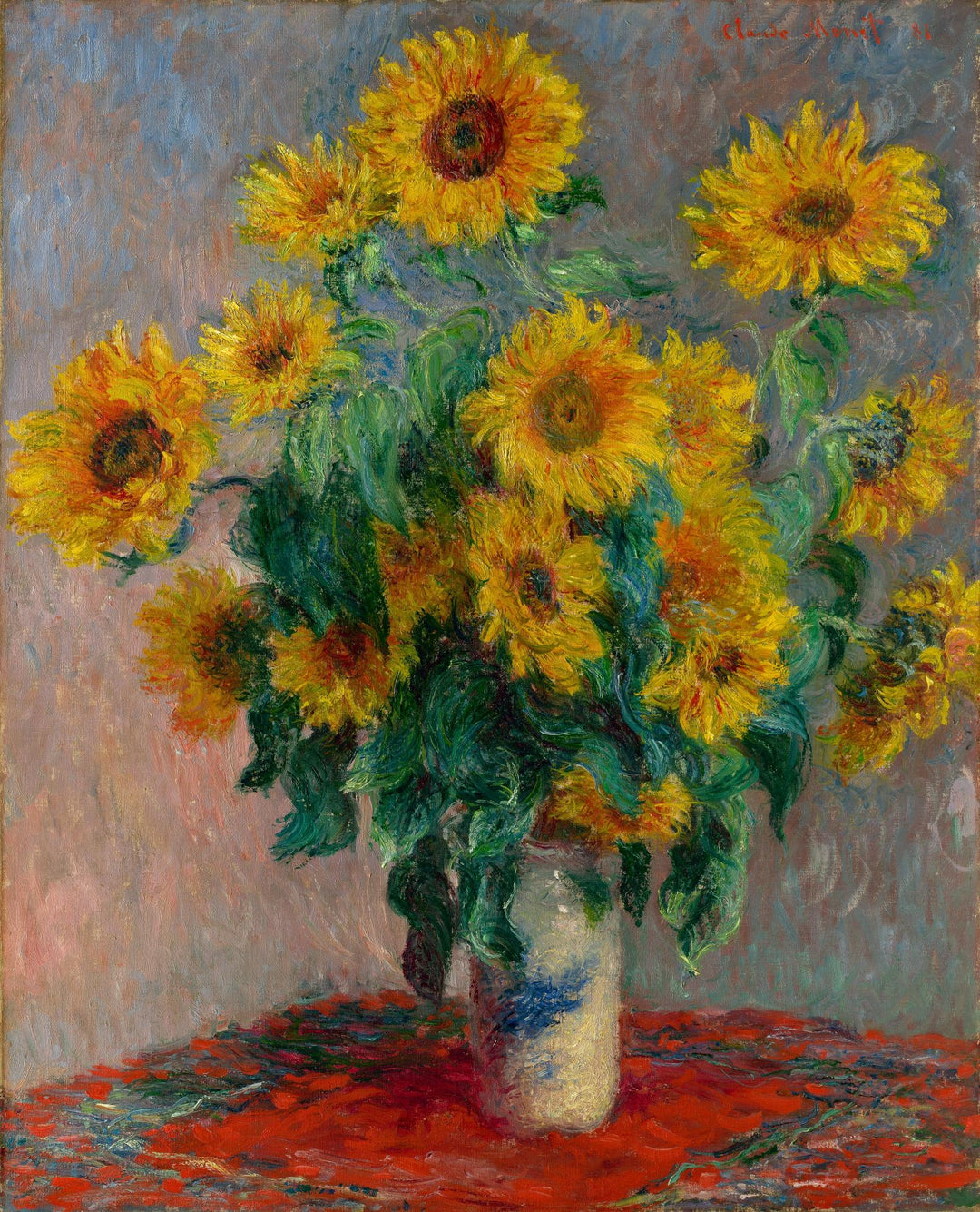 A digital reproduction of Claude Monet's painting 'Bouquet of Sunflowers', featuring a vase with vibrant yellow sunflowers against a red background.
