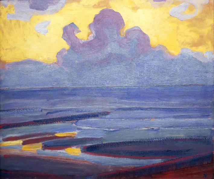 A painting titled 'By The Sea' by Piet Mondrian, featuring an abstract seascape with bold strokes of blue and orange against a yellow sky.