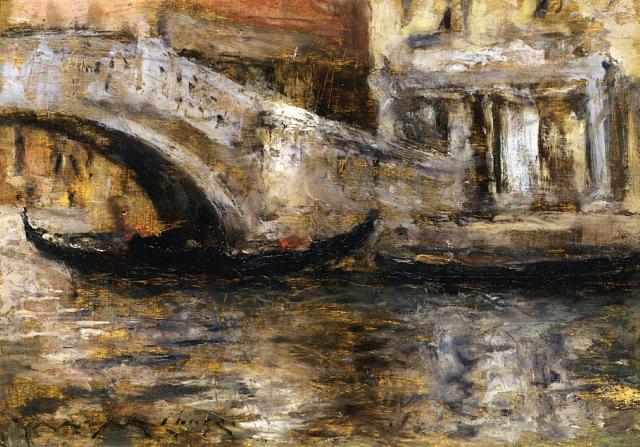 An abstract painting featuring gondolas along a Venetian canal.