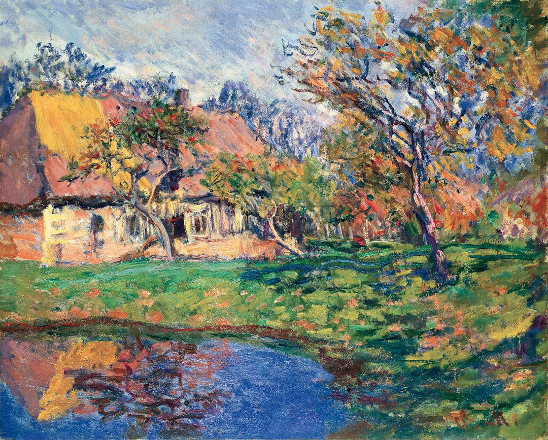 A painting by Claude Monet titled 'Chaumère Normande,' featuring a colorful depiction of a house near a body of water with reflections in the water.