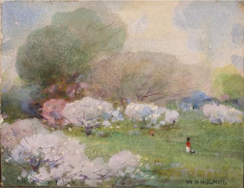 A painting featuring a field of cherry blossoms with a bird perched on one of the trees, in a soft abstract style with predominantly white and blue colors.