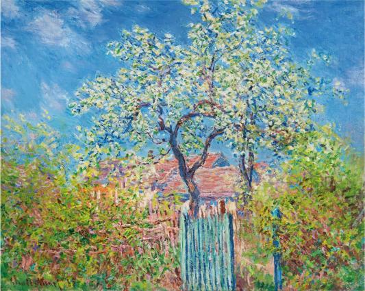 Painting of a garden scene with a tree and a gate, featuring bright colors and impressionistic style.