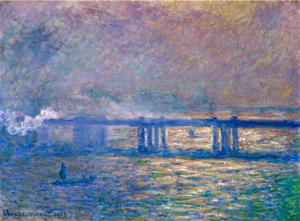 Impressionist painting of a train crossing a bridge over shimmering water. Soft pastel colors create a dreamy, serene atmosphere, with a boat in the foreground.