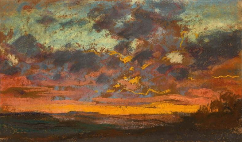A dramatic sunset painting with swirling clouds in vibrant shades of orange, pink, and blue above a dark landscape, conveying a vibrant, intense mood.