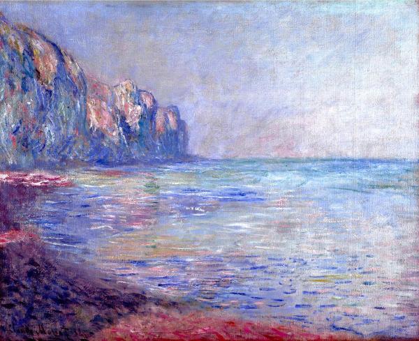 Impressionist painting of a serene seascape, featuring rugged cliffs on the left, reflecting in a calm sea under a soft, pastel sky. Peaceful and tranquil mood.