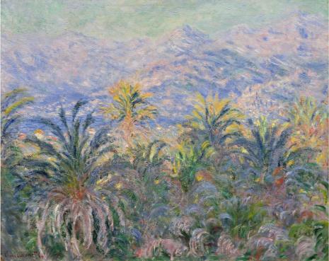 Impressionist painting of lush palm trees against a backdrop of hazy, soft-colored mountains under a light blue sky, conveying a serene atmosphere.