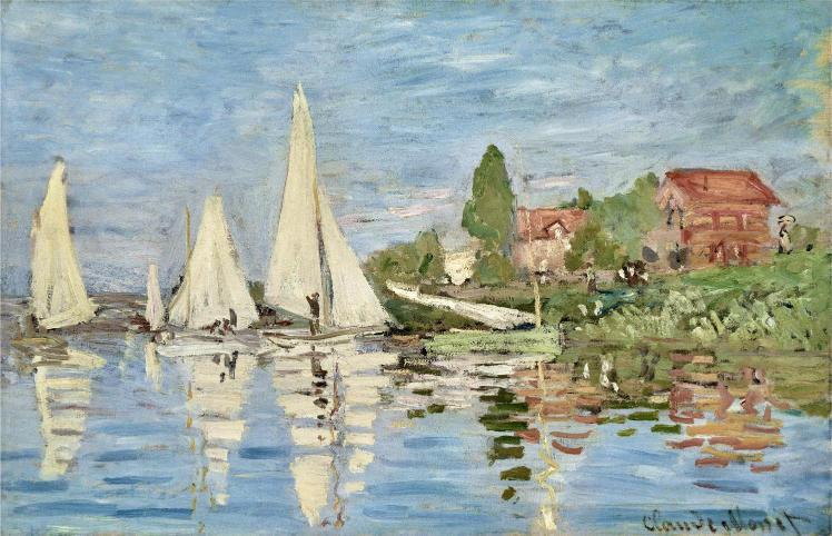 Painting of sailboats on a lake with reflections and a village in the background