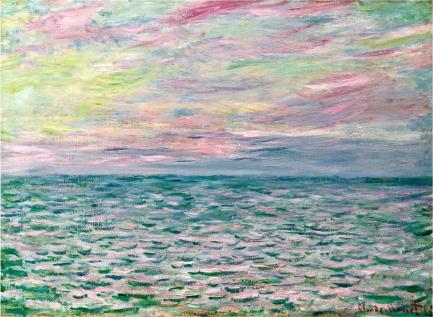Impressionist seascape with pastel pink, blue, and green hues. Calm water reflects the colorful sky, creating a serene, tranquil atmosphere.