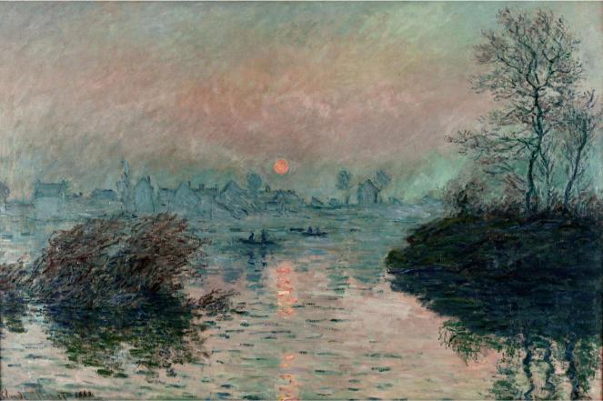 Impressionist painting of a serene river scene at sunset. Silhouetted trees and buildings reflect on water; soft, warm colors create a calm, peaceful atmosphere.