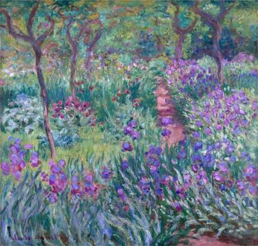 A garden scene painted in vibrant colors with a path winding through purple and pink blooming irises and lush greenery, conveying tranquility and beauty.