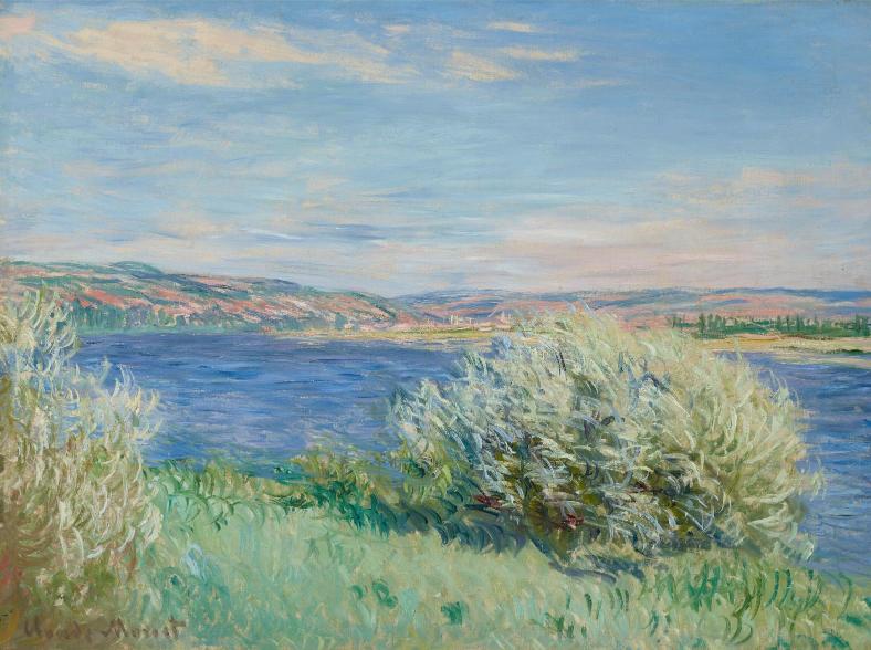 Landscape painting of a lake with trees and hills under a blue sky.