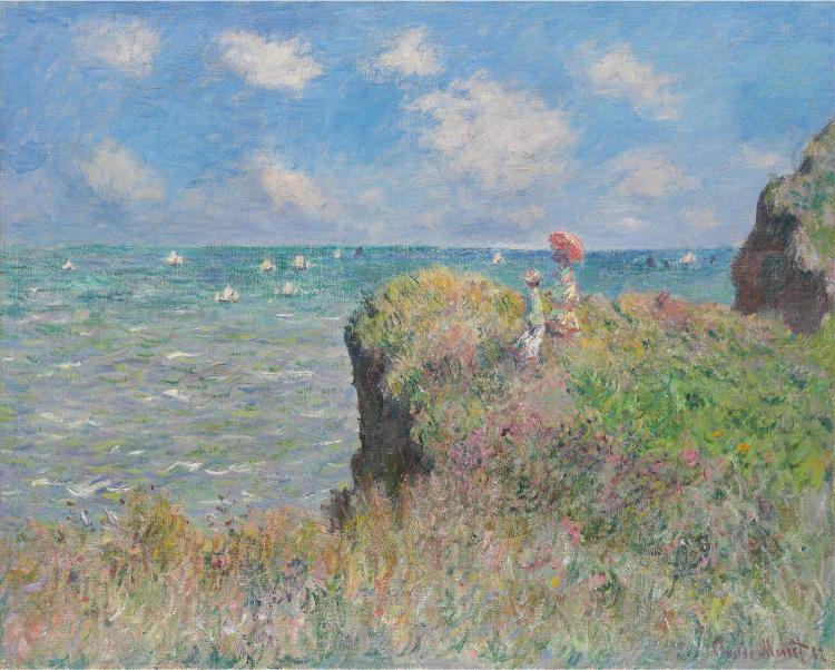 Impressionist painting of a coastal scene. Two figures stand on a flower-covered cliff, one holding a red parasol, overlooking a vivid blue sea.