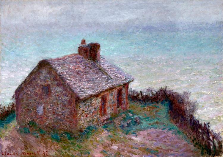 An impressionist painting depicts a stone cottage on a cliff overlooking the sea, with a cloudy sky and muted colors, conveying a tranquil and serene mood.