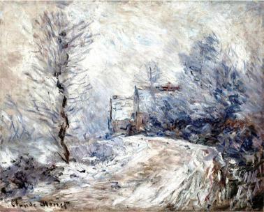 A snowy landscape painting with a winding path leading to a house, flanked by bare trees and bushes. The scene conveys a serene, cold, wintry atmosphere.