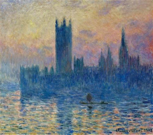 Impressionist painting by Monet of London's Houses of Parliament at sunset, with a foggy silhouette and reflections on the River Thames. Warm, serene tones.