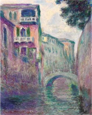 Impressionist painting of a Venetian canal by Claude Monet. Soft pastel hues depict colorful buildings, a stone bridge, and flowing water. Dreamy, serene mood.