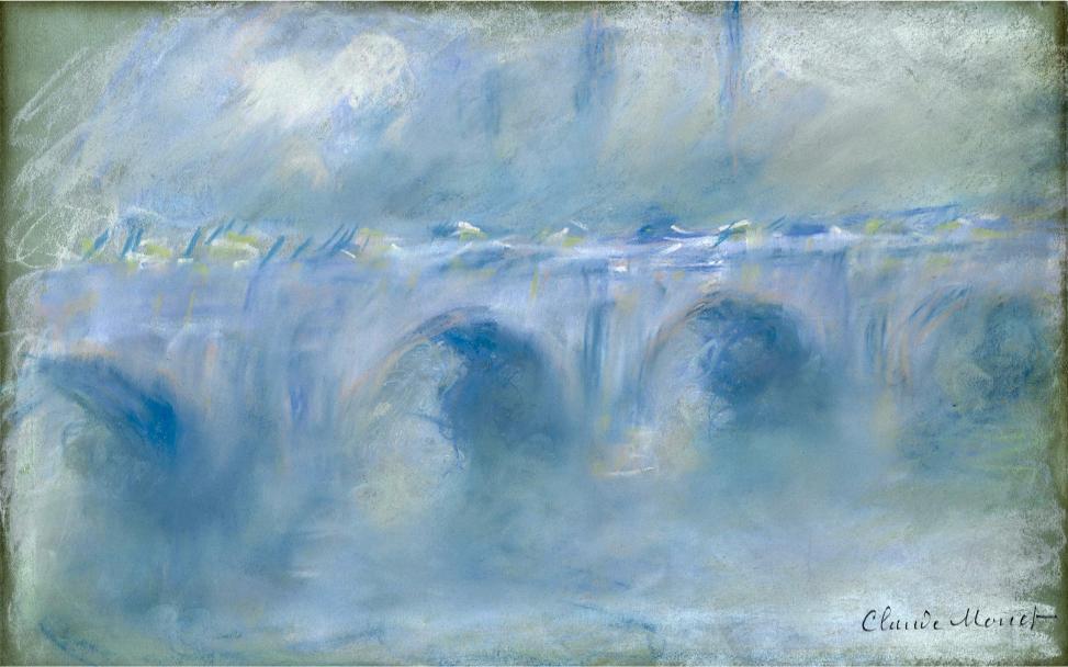 Impressionist painting of a bridge in soft blue tones, with blurred arches and gentle, misty brushstrokes conveying a serene, dreamlike atmosphere.