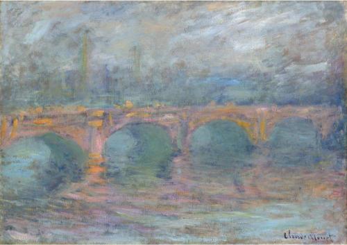 Impressionist painting of a bridge with five arches over a river, shrouded in mist. Soft colors create a serene, atmospheric scene with a dreamy feel.