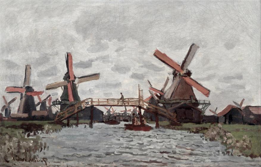 A serene landscape with several windmills, a wooden bridge, and a cloudy sky. Water in the foreground reflects the muted colors, conveying tranquility.