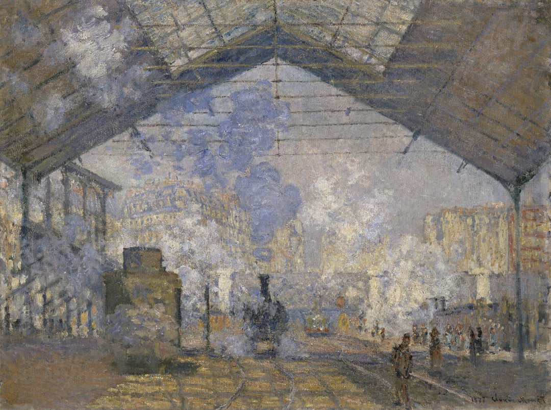 A painting by Claude Monet, depicting a view of the interior of a train station with a focus on the architectural details and natural light entering the space.