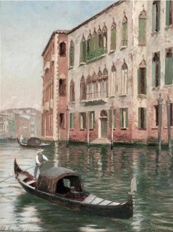 Gondola on a canal with historic buildings in the background