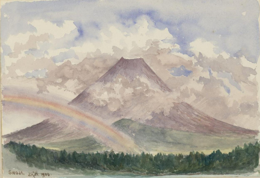 A watercolor painting depicting Mount Fuji with a rainbow and trees in the foreground.