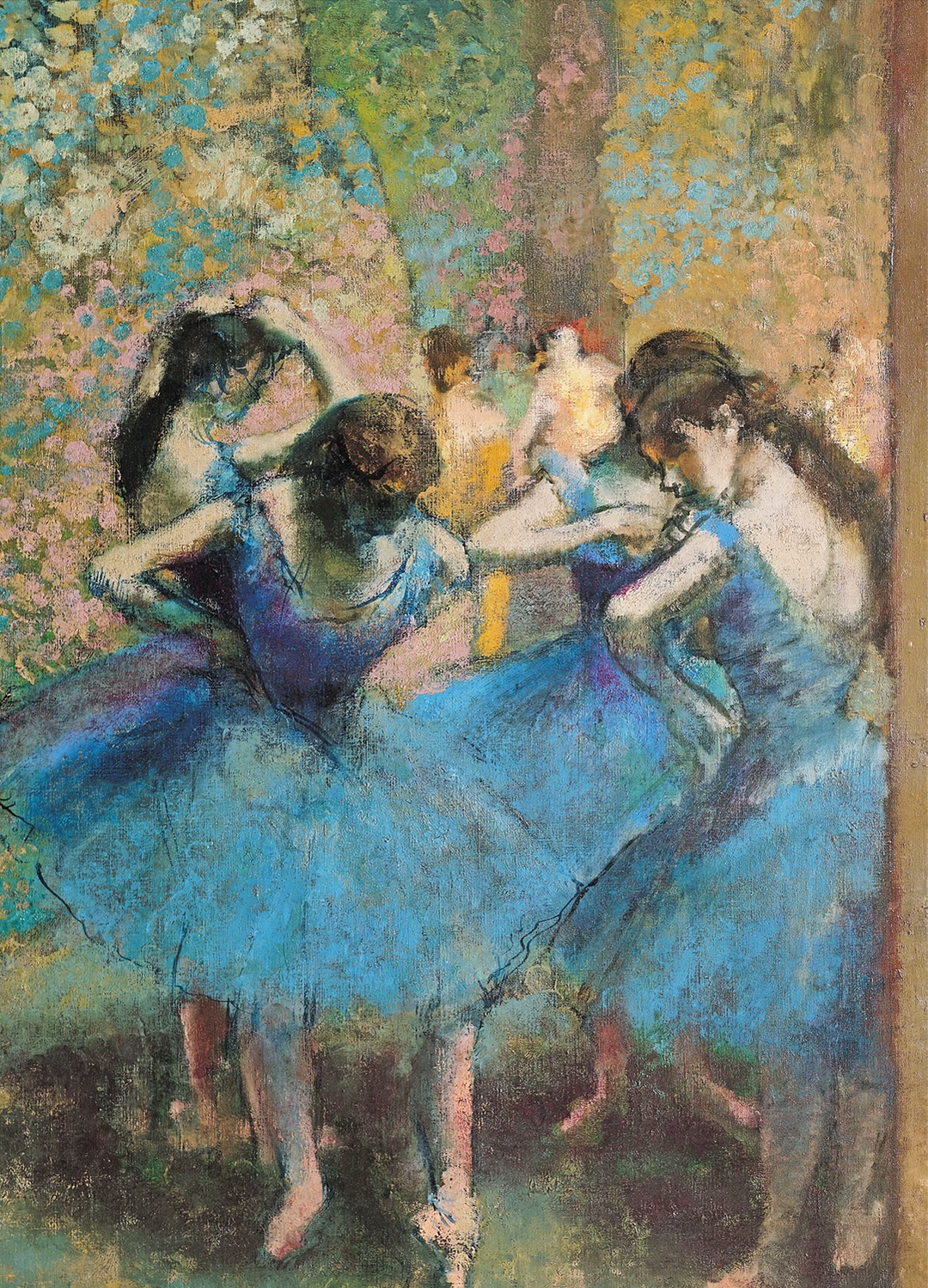 A painting featuring a group of ballet dancers in blue dresses by Edgar Degas.