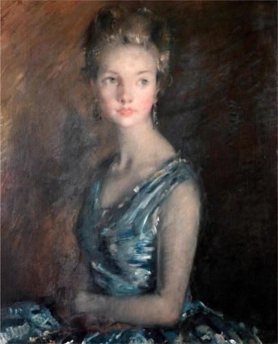 A woman in a blue dress gazes thoughtfully to the side. The portrait features soft brushstrokes and a warm, gentle palette, creating an elegant and serene mood.