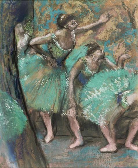 Artistic depiction of dancers in green tutus with a focus on movement and color.