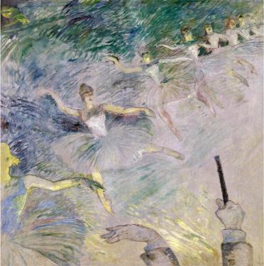 Famous painting of dancers with a conductor's baton, featuring swirling colors and dynamic movement.