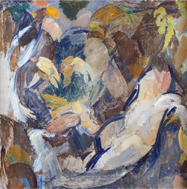 Abstract painting with swirling brushstrokes in muted blues, browns, and creams. The composition is dynamic and layered, evoking a sense of movement.