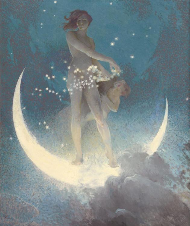 An artwork depicting a figure standing on a crescent moon, with stars scattered around and a soft blue backdrop.